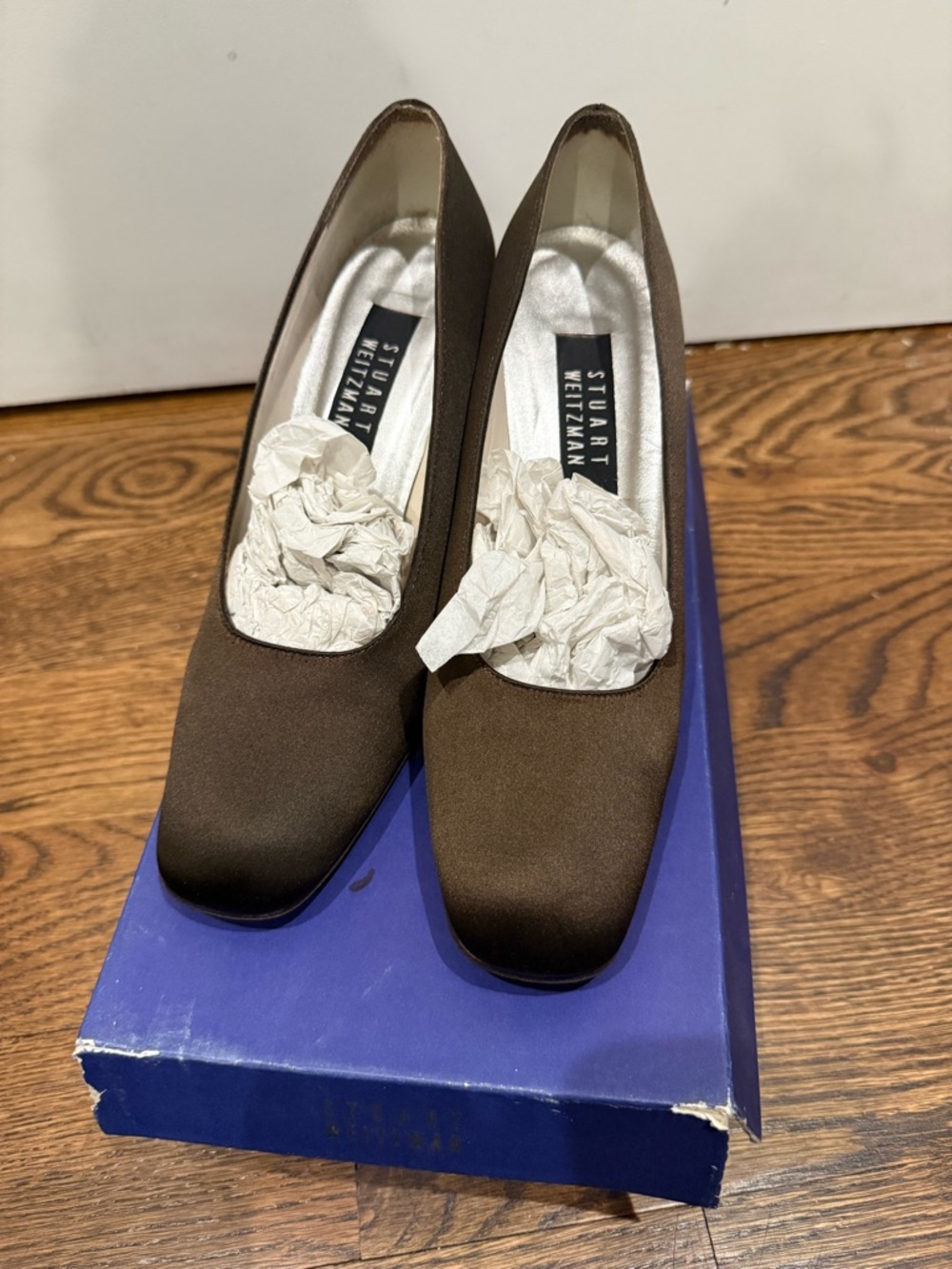 Stuart Weitzman Brown Satin Square Toe Matte Pumps 2.5” heel